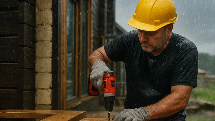 Drilling with a power drill in the rain.