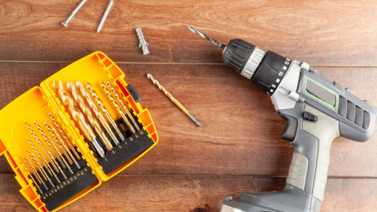 Cordless drill and various drill bits