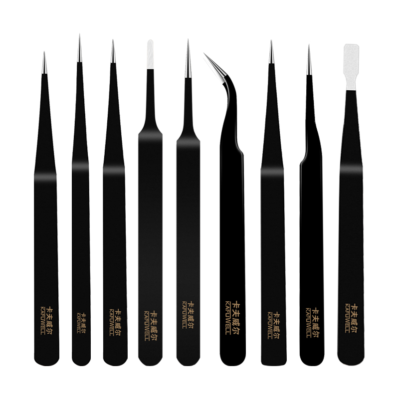 TW3797 Professionele ESD Pincet 9 stuks., antistatiese, vir mikroskyfies