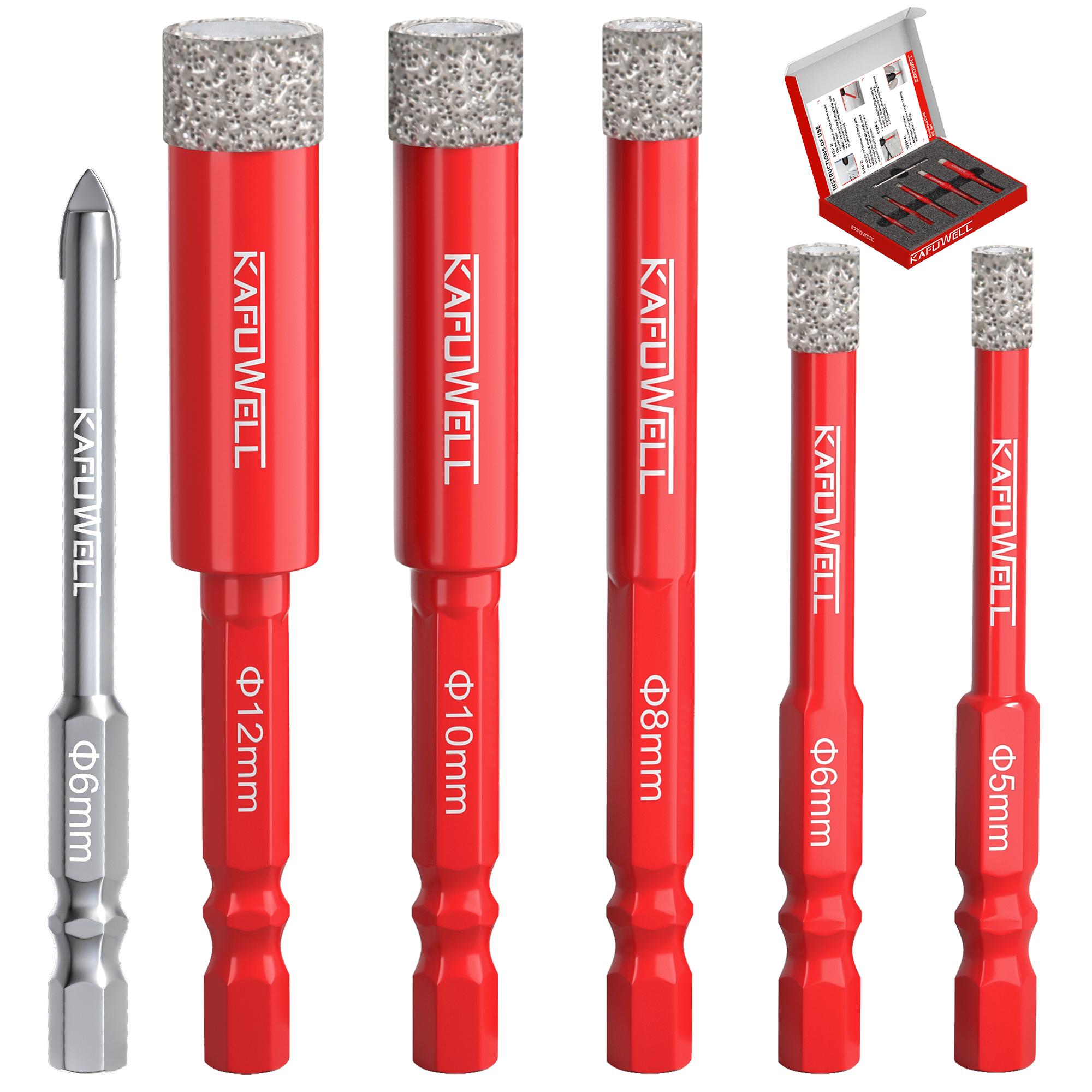 AI4652-YMX-EU Boorstel 6 stuks Diamant 5-12mm en Driehoekig 6 mm vir teëls, seskantige steel 6.35 mm